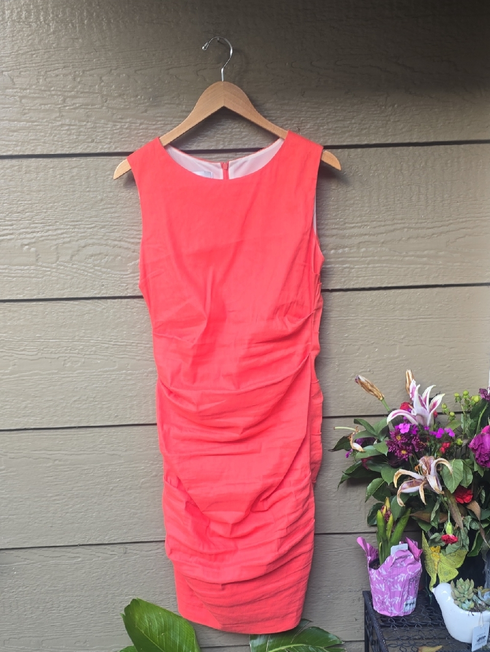 Sara Campbell ruched linen sheath dress bright coral 10